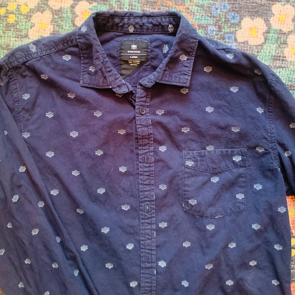 Dark Blue Woven Print Long Sleeved Button Down